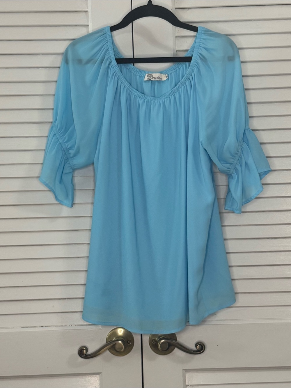 Aryeh Light Blue Peasant Top with Ruffled Elbow Sleeves